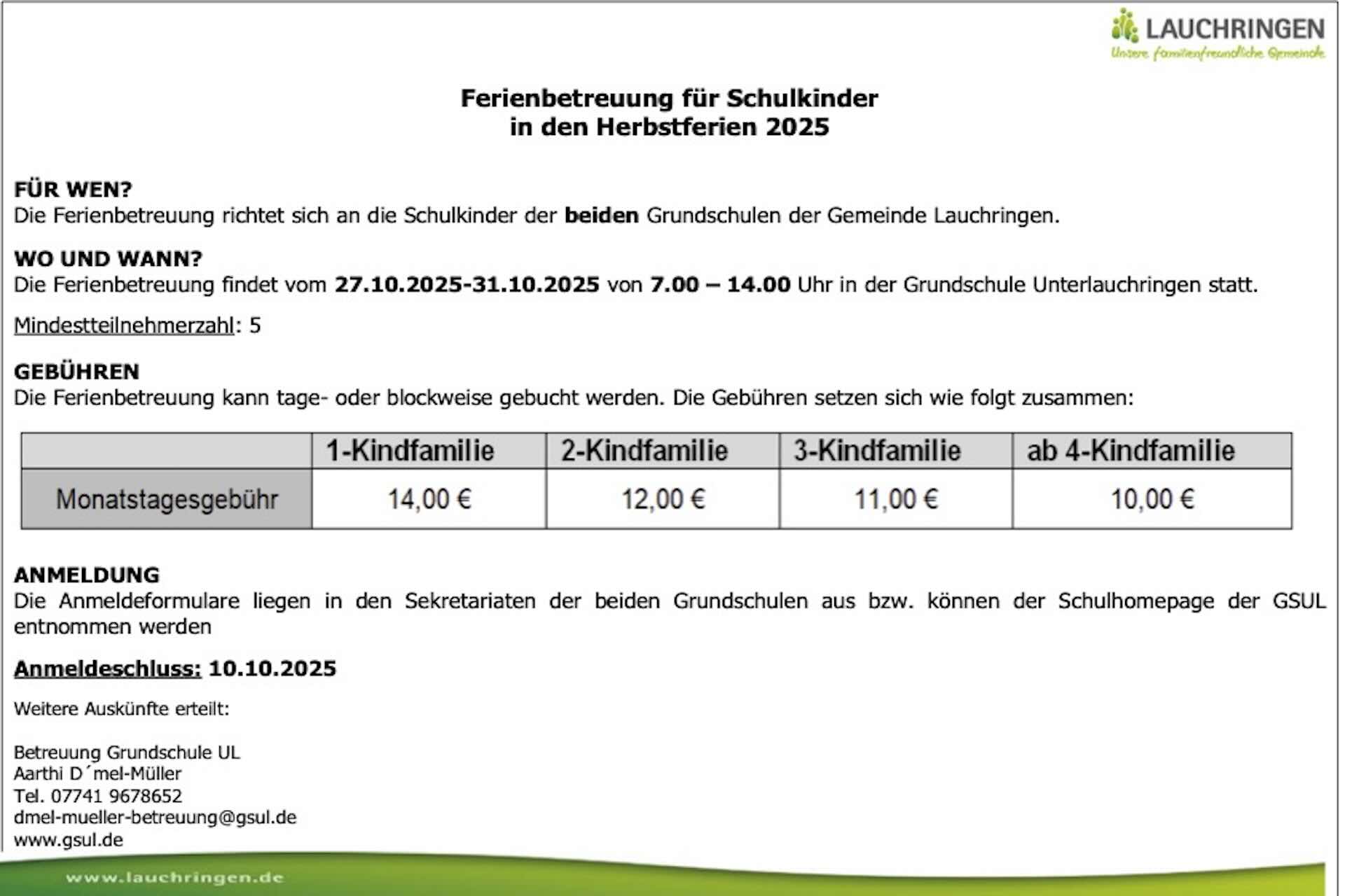 Ferienbetreuung Herbstferien GSUL